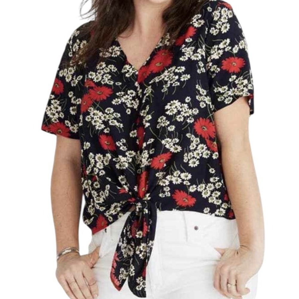 MADEWELL Top Women Small Short Sleeve Hillside Daisies Tie Front Daisy Bohemian